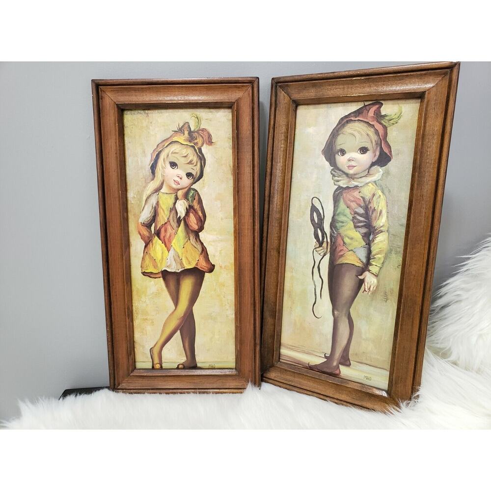 Vintage MAIO Litho Prints USA Big‎ Eyed Girl Boy Harlequin keane mcm retro decor